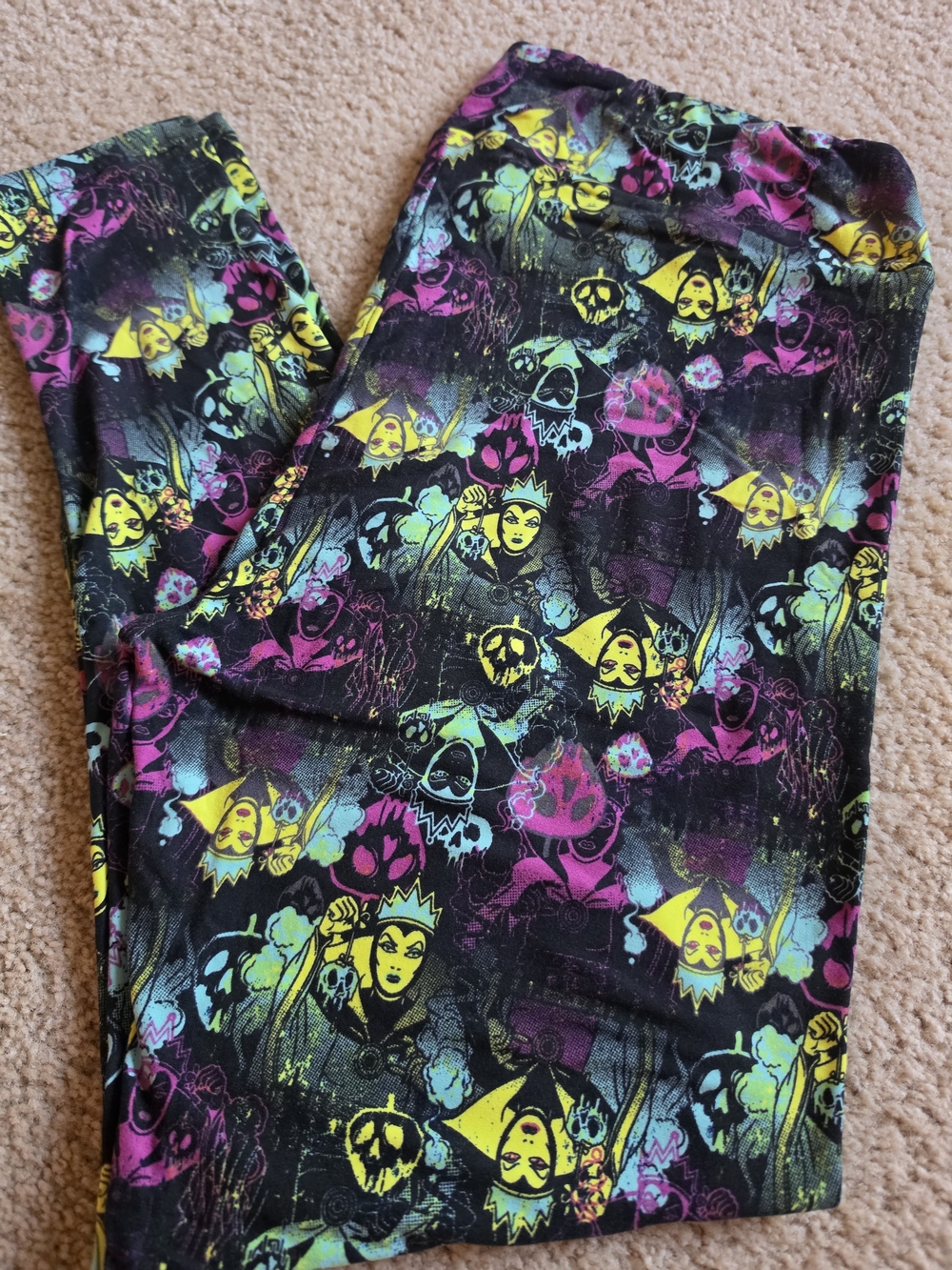 LuLaRoe Black Leggings with Neon Yellow Pink and Teal Character Print TC2